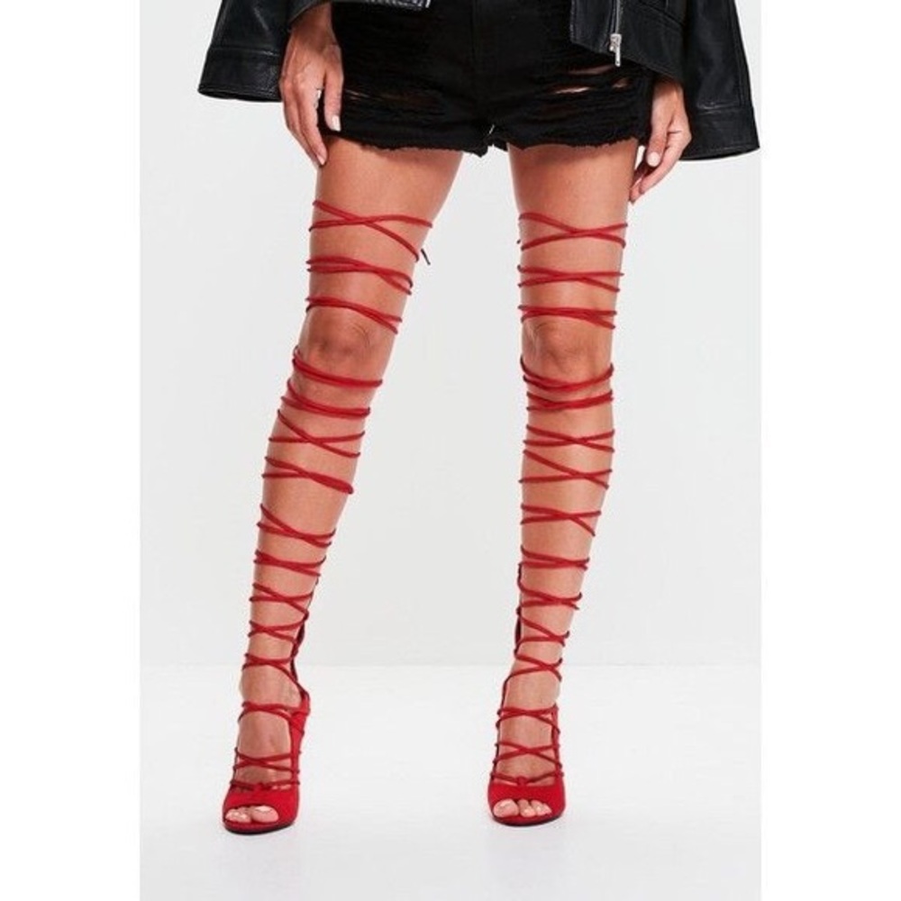 Missguided Red Lace Up Knee High Gladiator Sandals